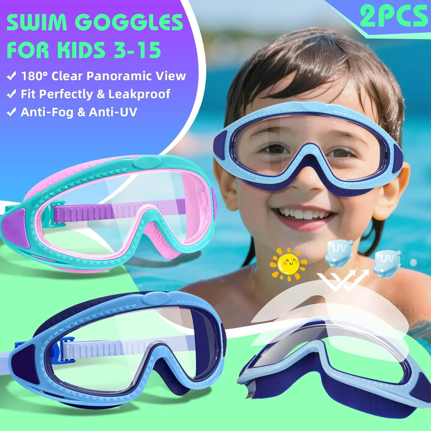 2 Pack Kids Swim Goggles for 3-15 - HD Children's Large Frame Anti-Fog Pool Swimming Goggles for Boys Girls Toddler