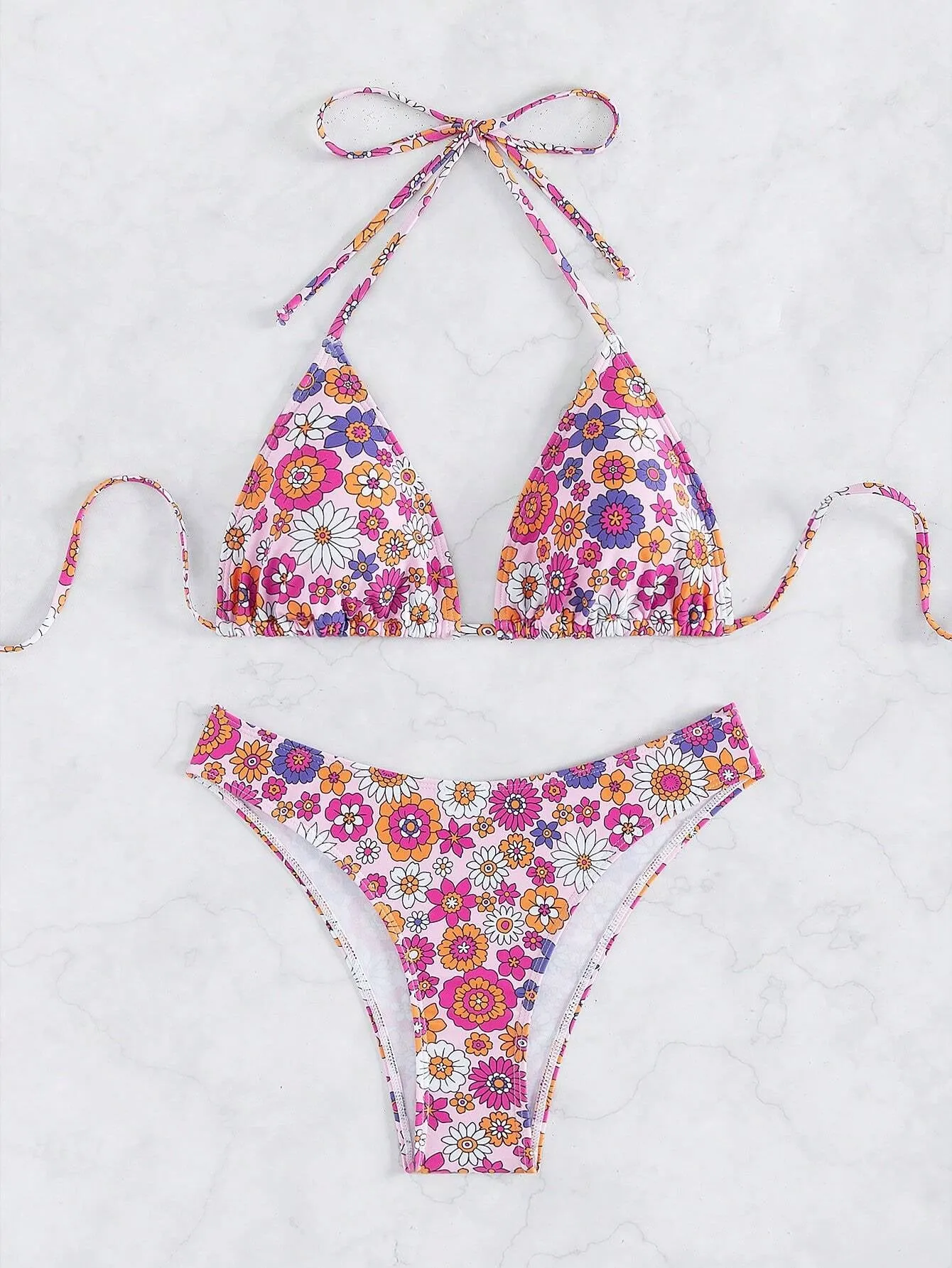 4FunGift® Swim Floral Print Backless Tie Back Halter Bikini Set