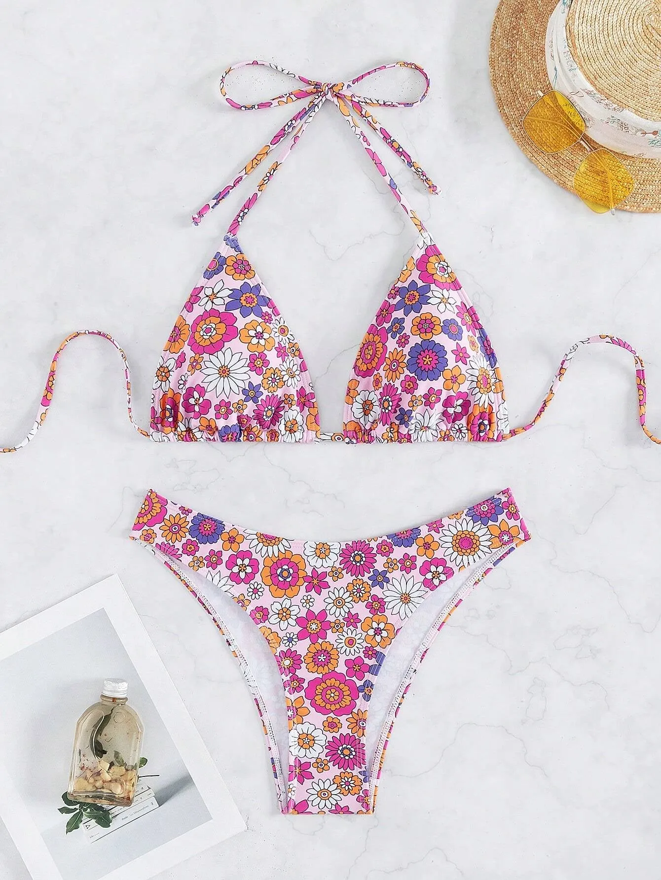 4FunGift® Swim Floral Print Backless Tie Back Halter Bikini Set