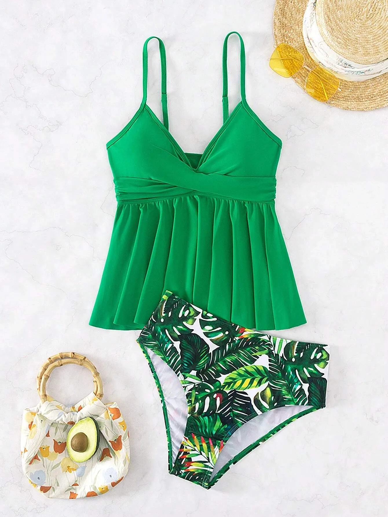 4FunGift® Swim Tropical Print Tankini Set Wrap Cami Top & Bikini Bottom 2 Piece Bathing Suit
