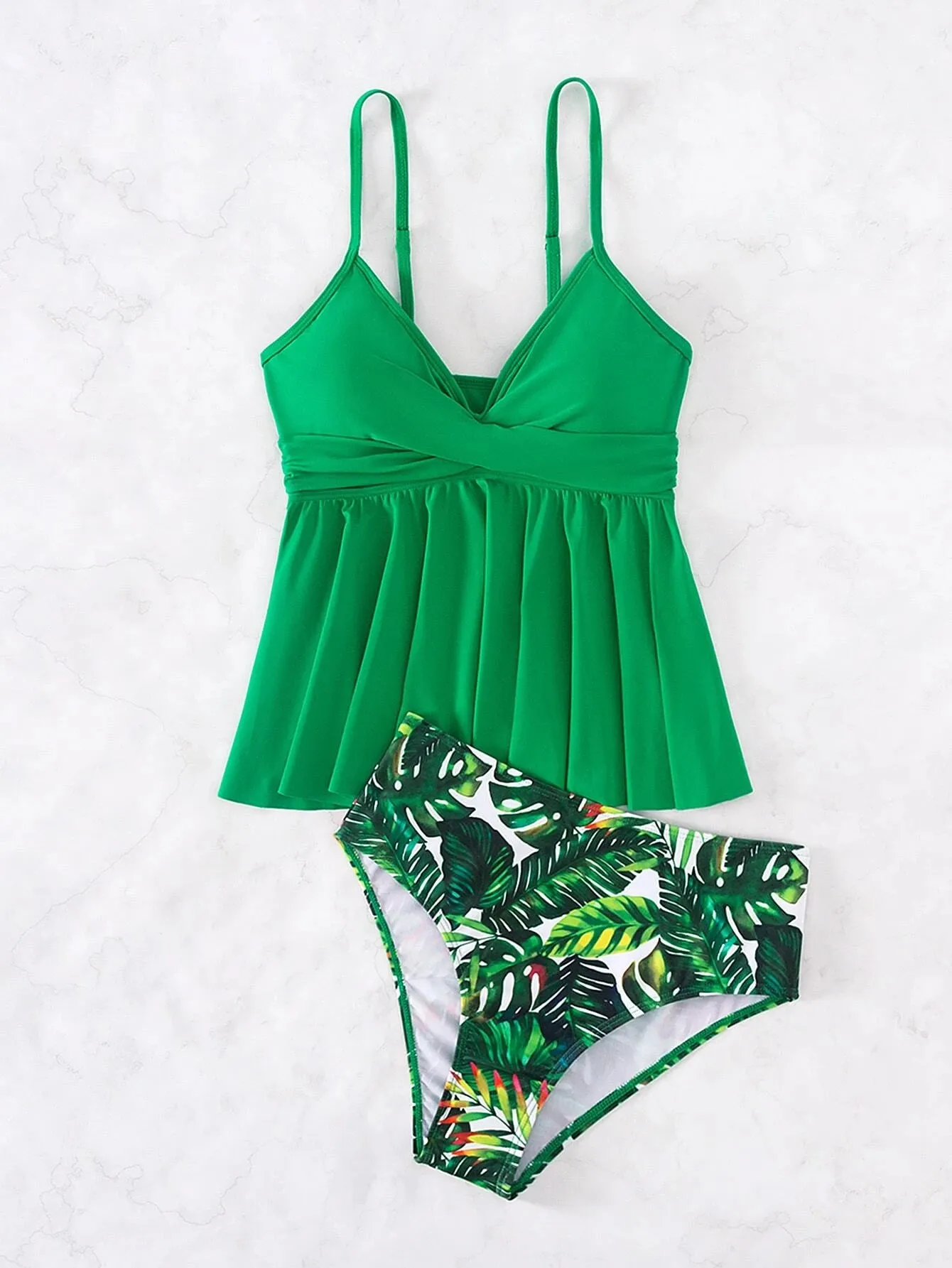 4FunGift® Swim Tropical Print Tankini Set Wrap Cami Top & Bikini Bottom 2 Piece Bathing Suit