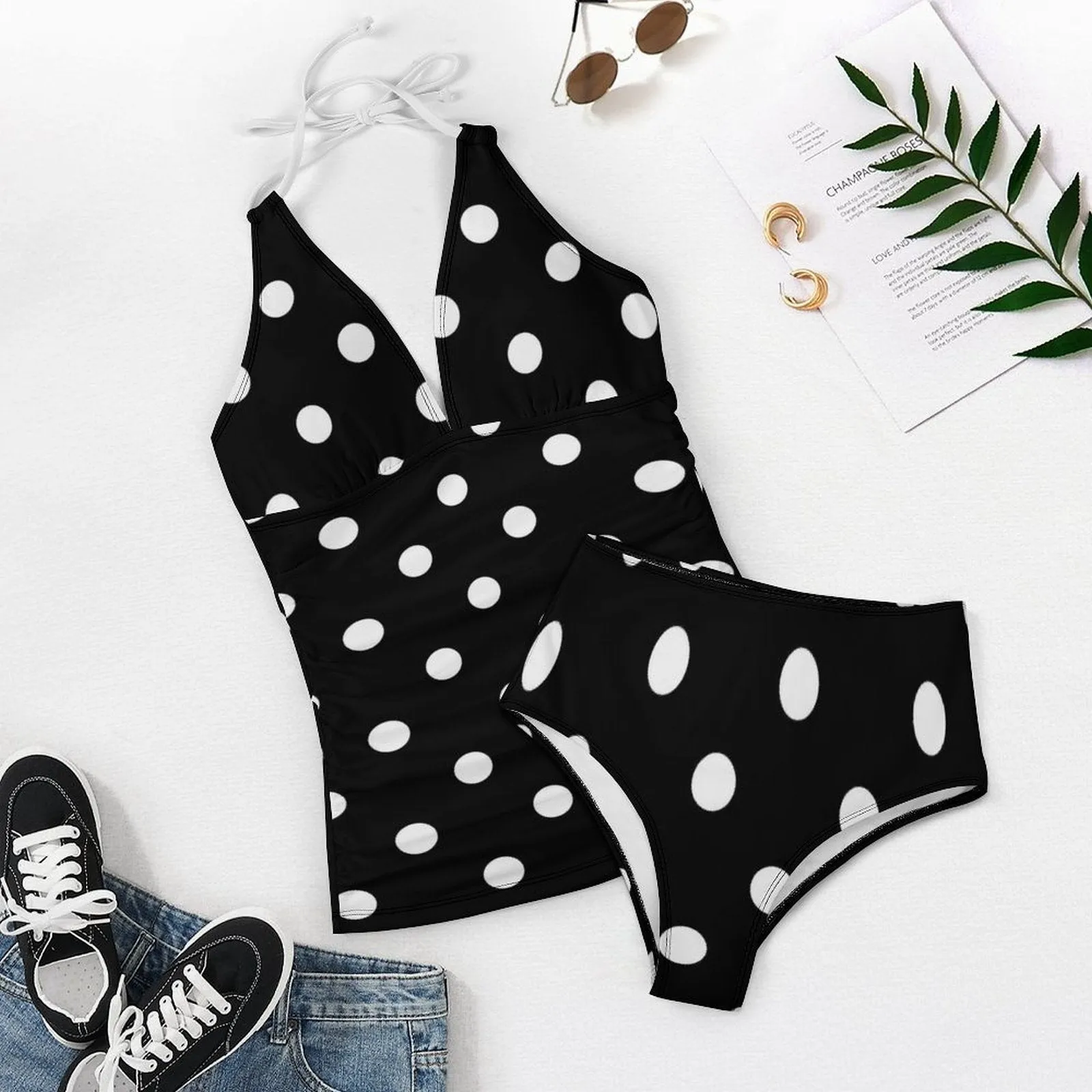 Black With White Polka Dots Women's Split Swimsuit