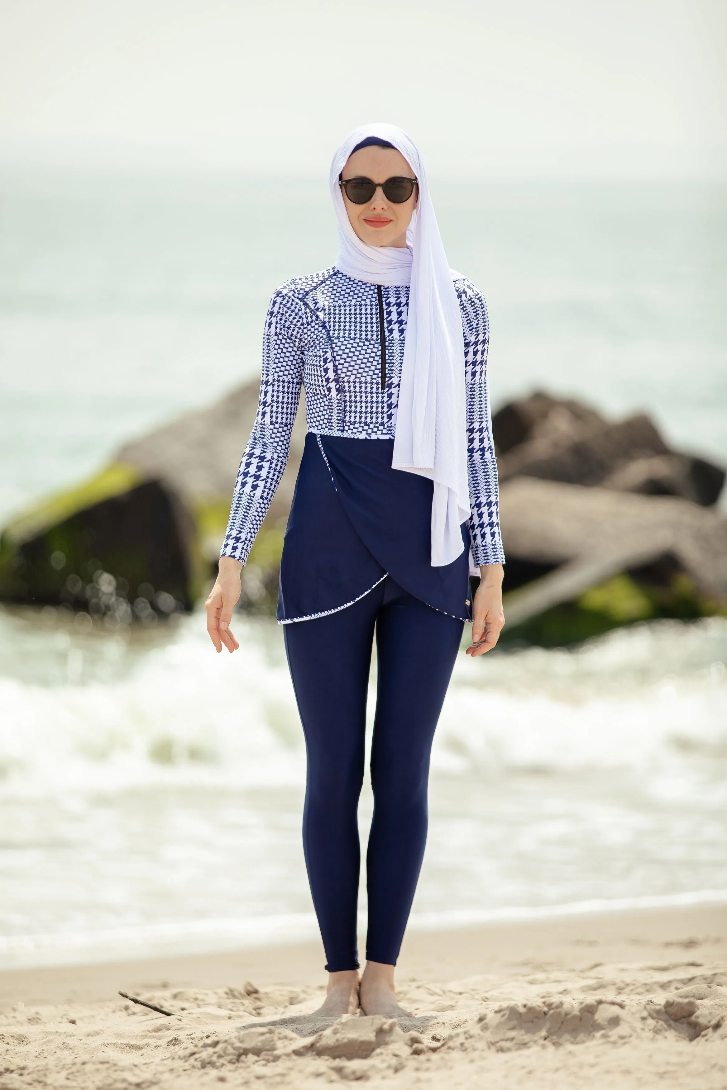 Blue Houndstooth Print 3 Piece Modest Swimsuit