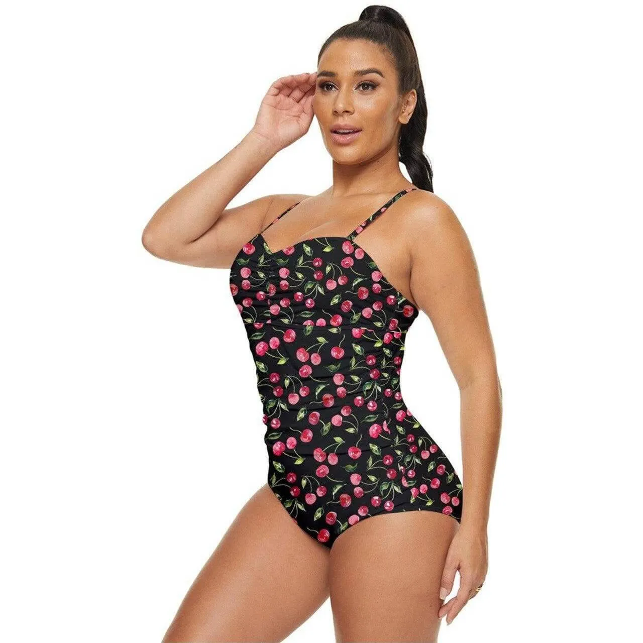 Cherry Bombshell Black Retro Full Coverage Swimsuit