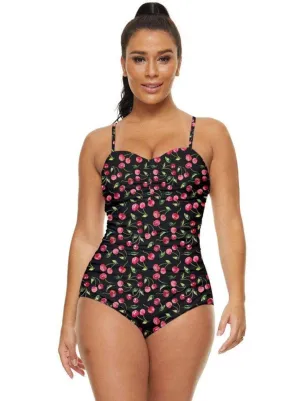 Cherry Bombshell Black Retro Full Coverage Swimsuit