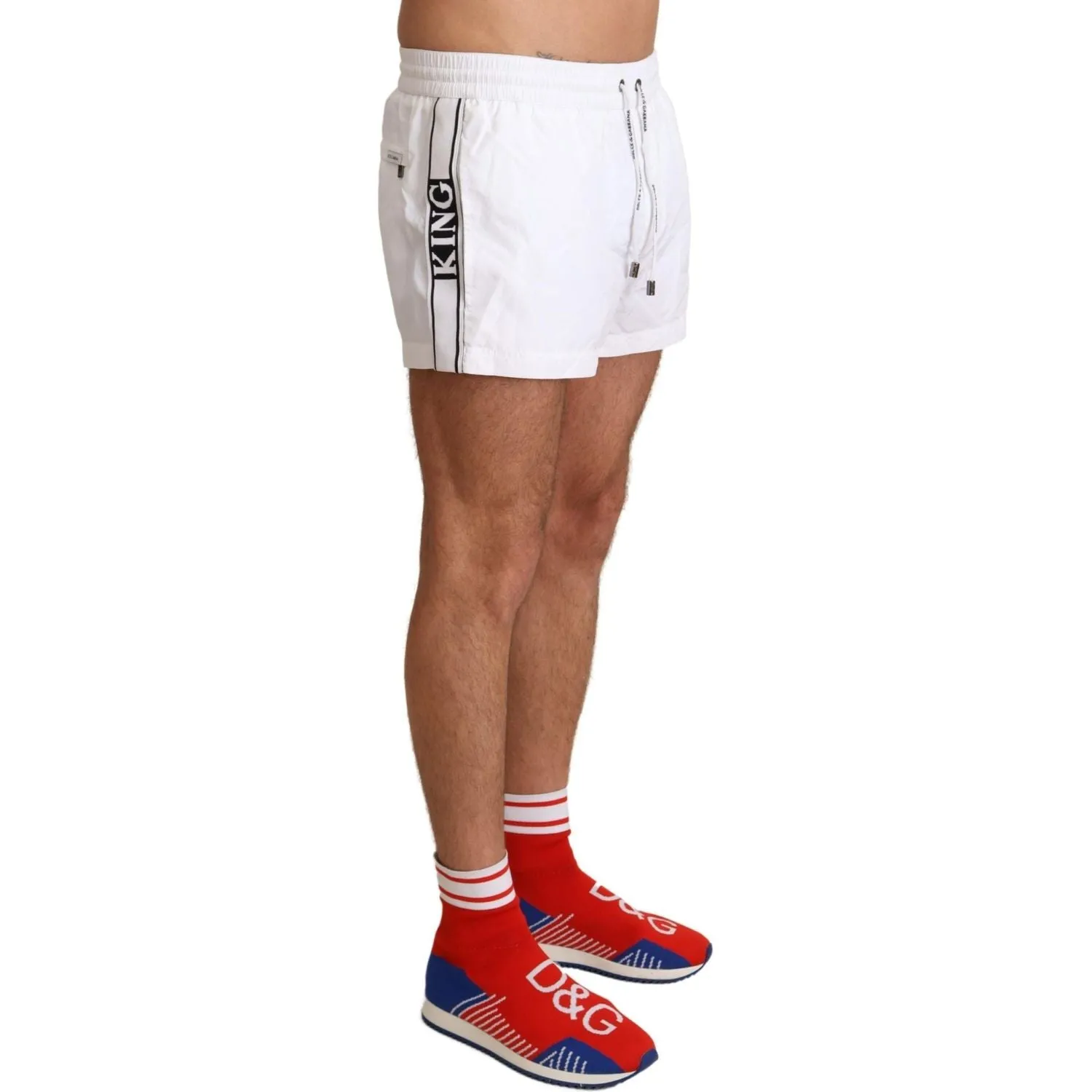 Dolce & Gabbana Elegant White KING Motive Swim Trunks