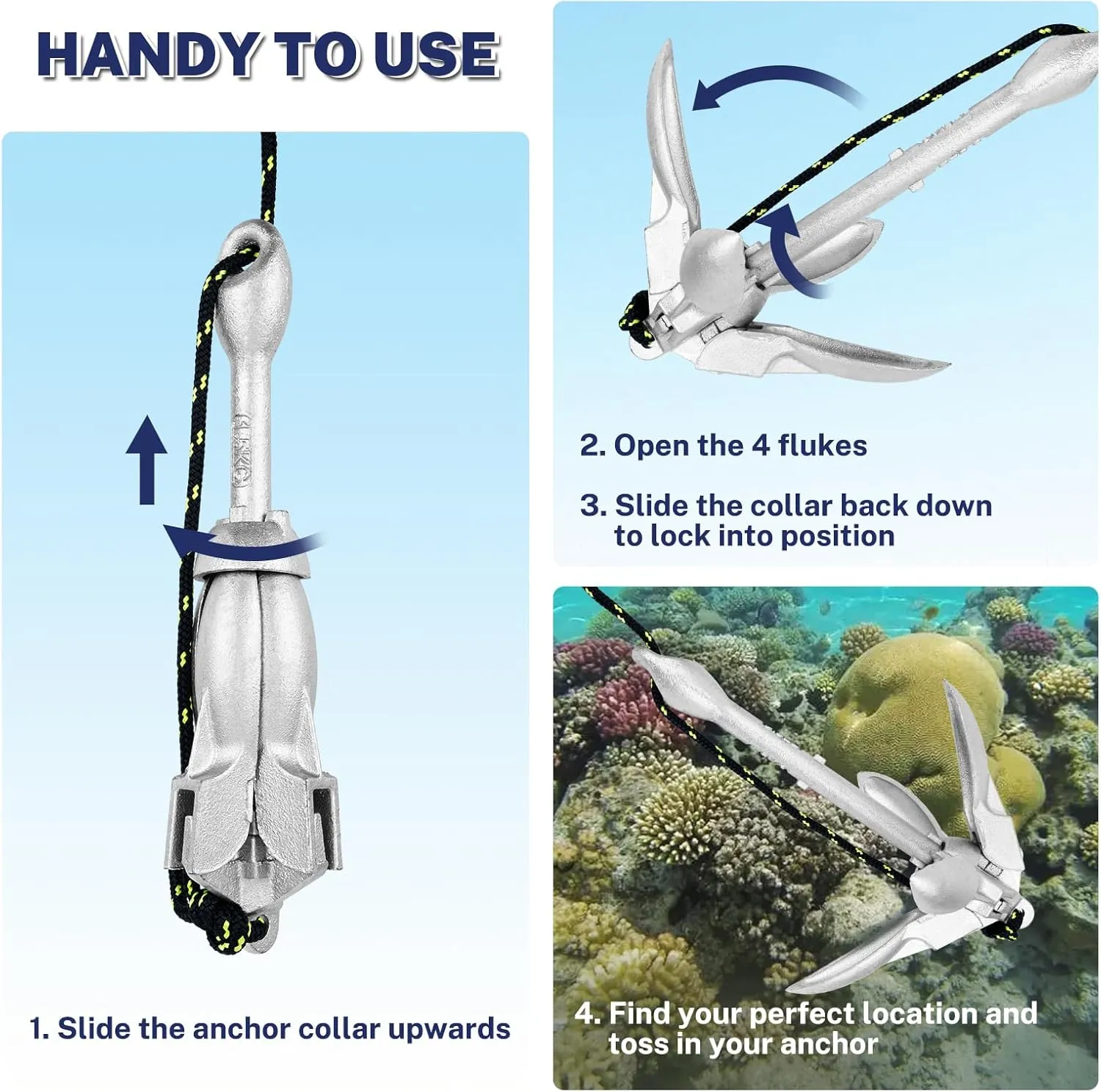Dreizack Kayak Anchor Kit, 3.5 lb Folding Grapnel Boat Anchor Trolley Accessories with 40ft Rope and PVC Buoy for Fishing Kayaks SUP Paddle Boards Canoes Jet Ski PWC Inflatable Small Boats