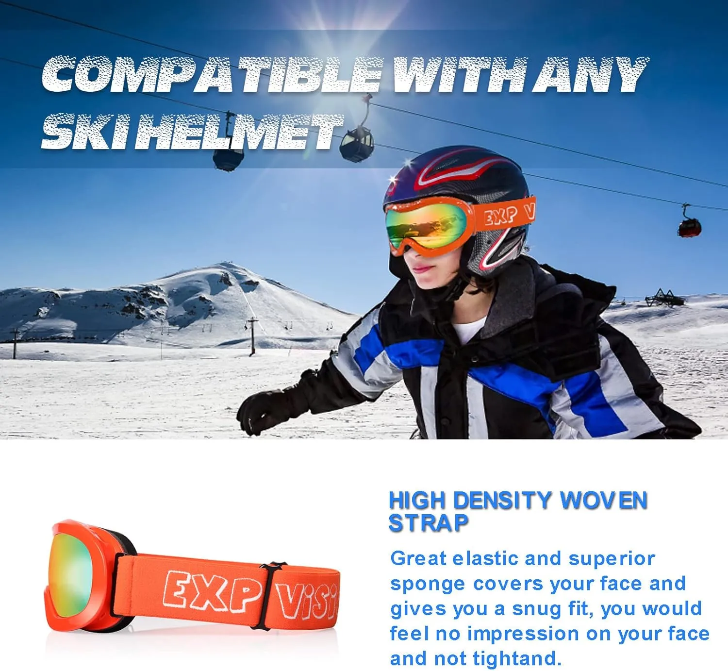 EXP VISION Kids Ski Goggles, Anti-Fog Child Snowboard Goggles Over Glasses Snow Goggles for Boys Girls Toddler Age 3-14