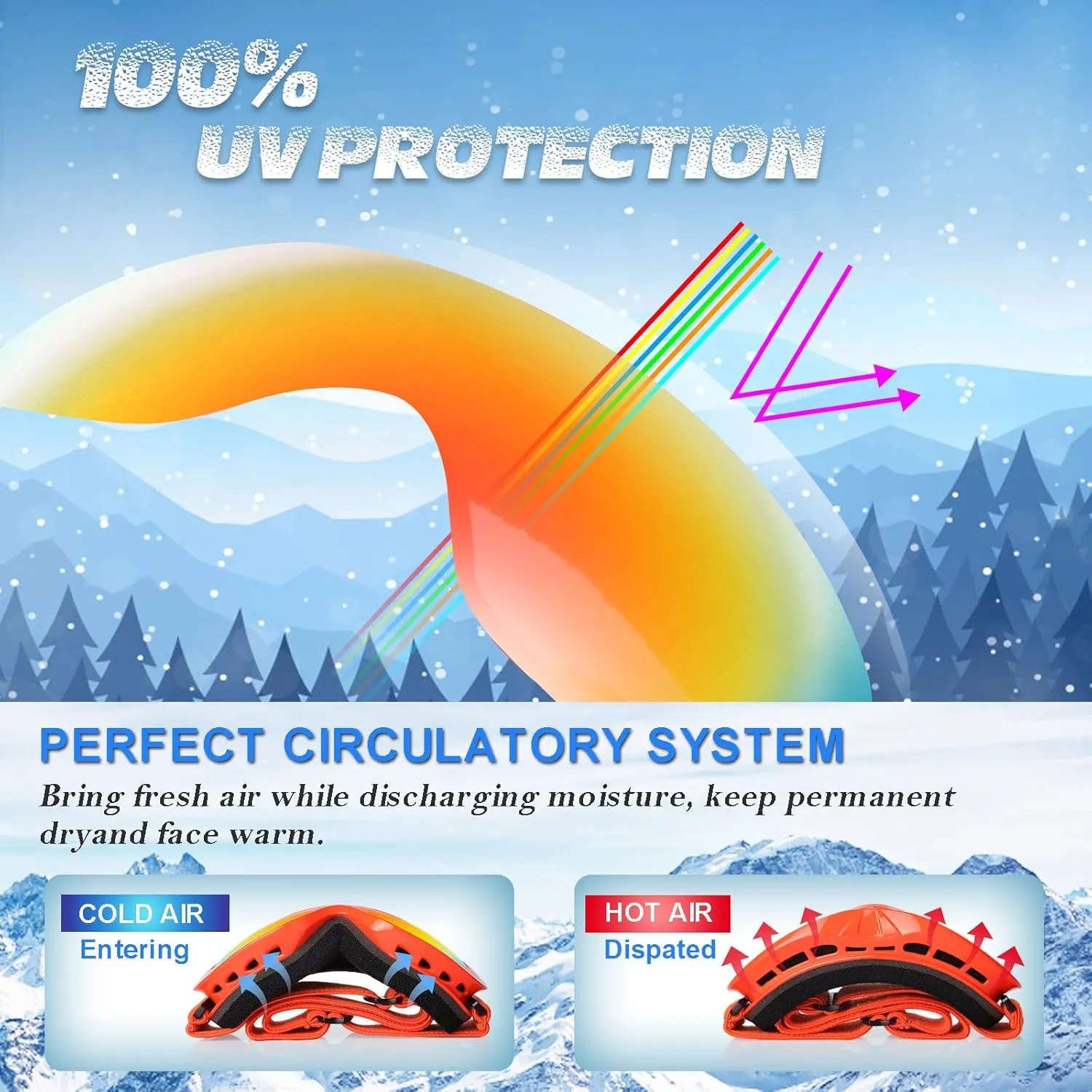 EXP VISION Kids Ski Goggles, Anti-Fog Child Snowboard Goggles Over Glasses Snow Goggles for Boys Girls Toddler Age 3-14