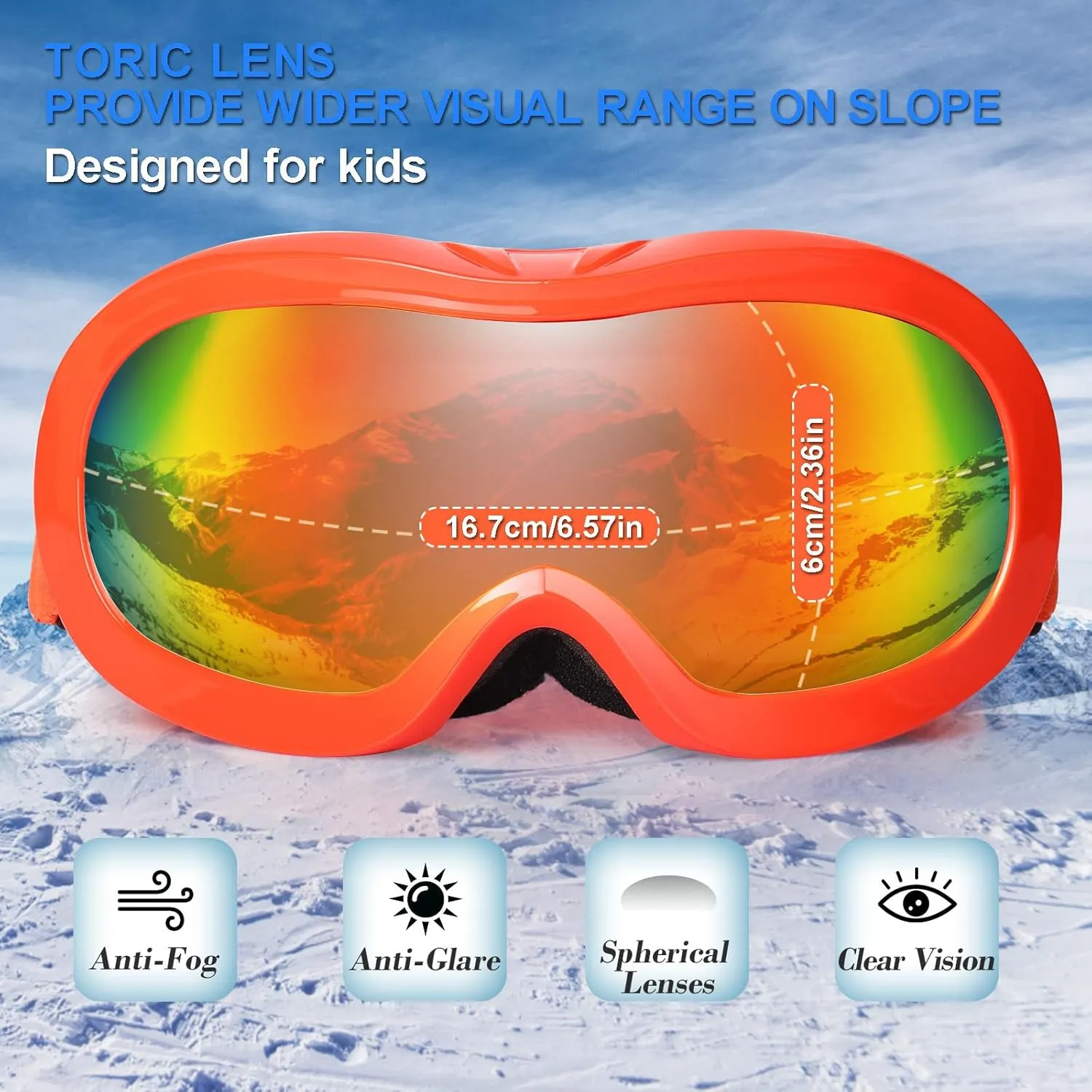 EXP VISION Kids Ski Goggles, Anti-Fog Child Snowboard Goggles Over Glasses Snow Goggles for Boys Girls Toddler Age 3-14