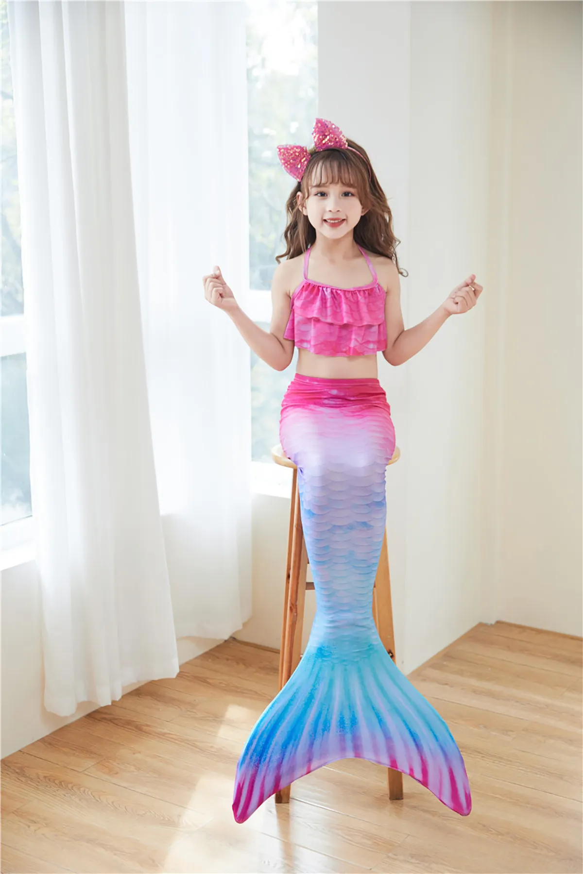 Fancydresswale Mermaid 3 pc swimsuit for Girls with large fin option- Begonia