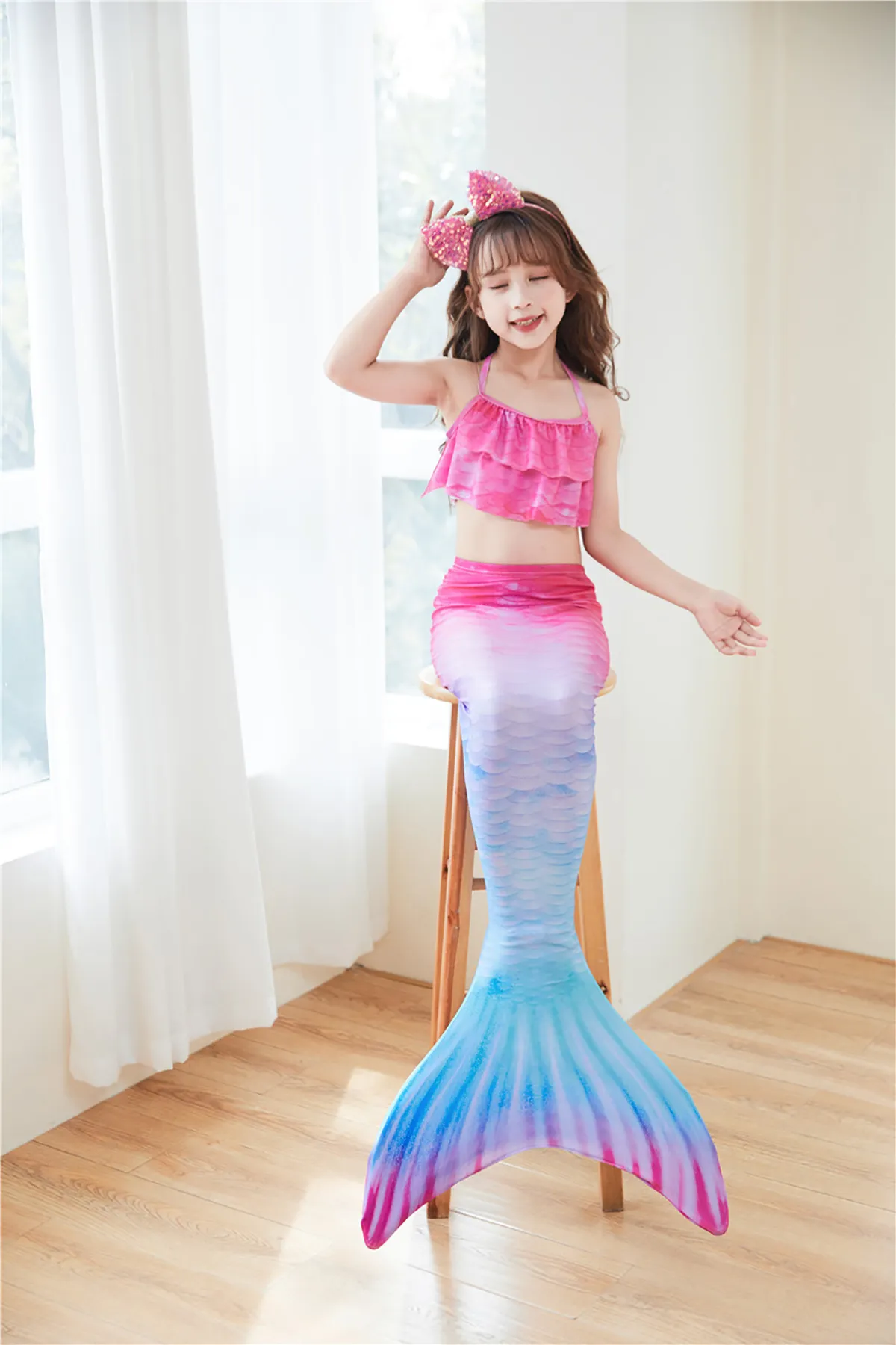 Fancydresswale Mermaid 3 pc swimsuit for Girls with large fin option- Begonia