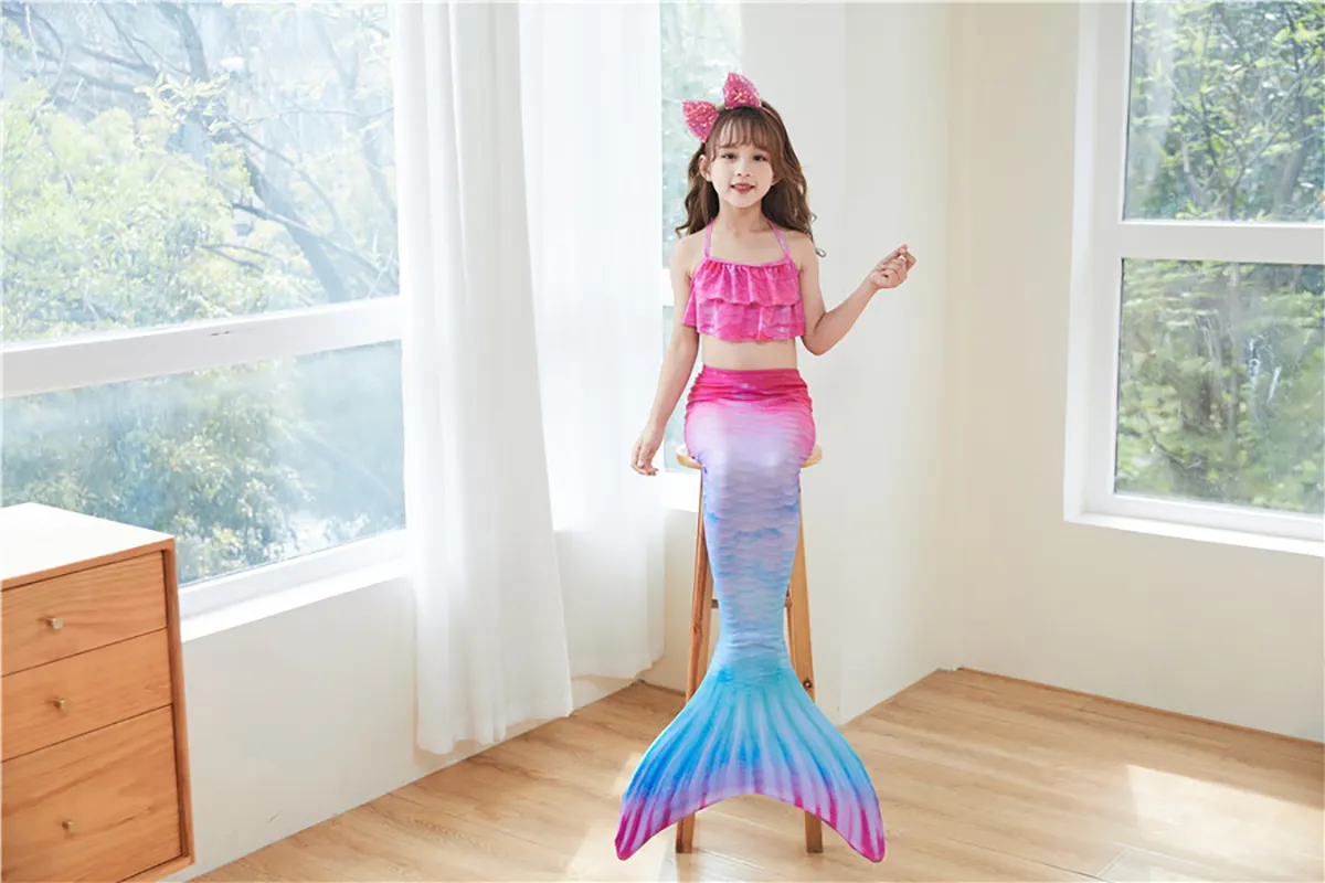 Fancydresswale Mermaid 3 pc swimsuit for Girls with large fin option- Begonia