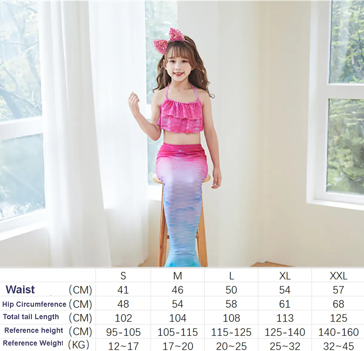 Fancydresswale Mermaid 3 pc swimsuit for Girls with large fin option- Begonia