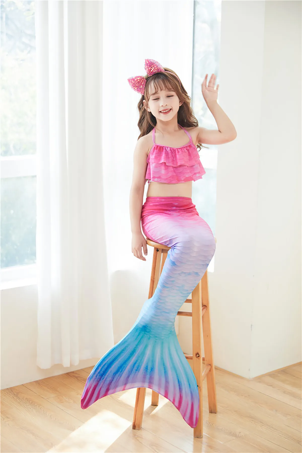 Fancydresswale Mermaid 3 pc swimsuit for Girls with large fin option- Begonia