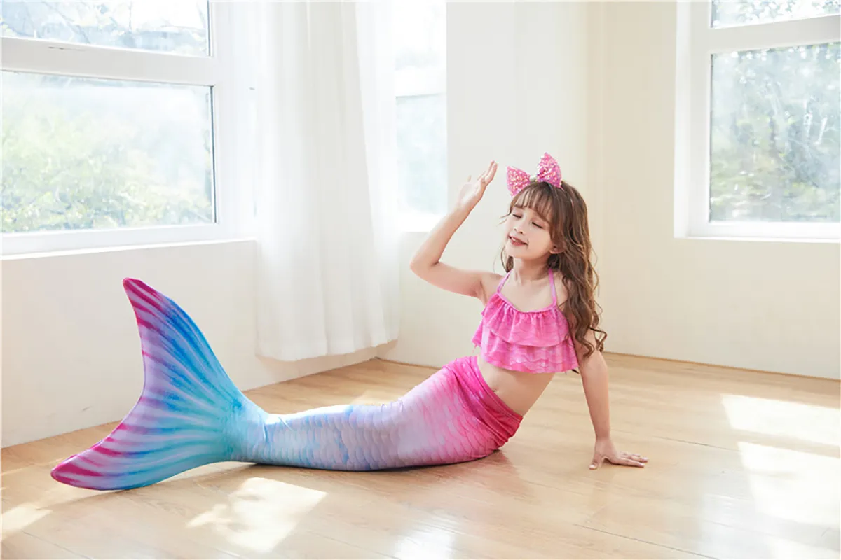 Fancydresswale Mermaid 3 pc swimsuit for Girls with large fin option- Begonia