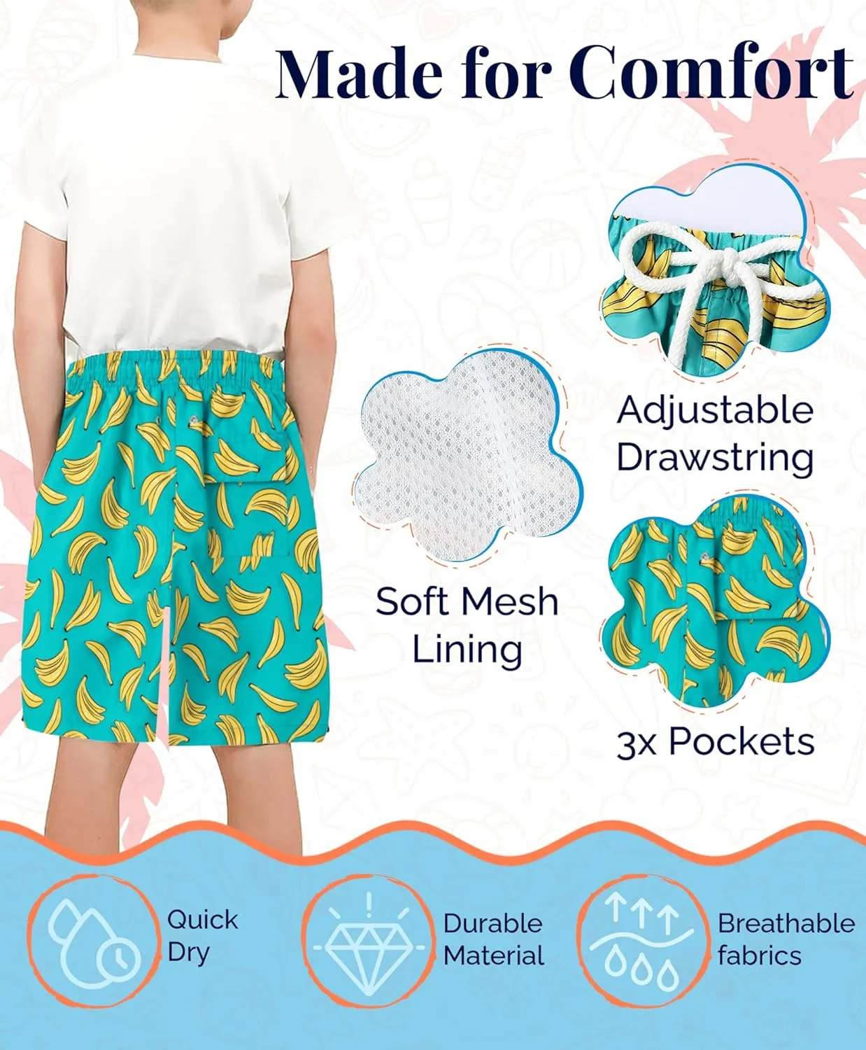 KAILUA SURF Boys' Swim Trunks Quick Dry Board Shorts with Mesh Liner, Sizes 2T-18/20