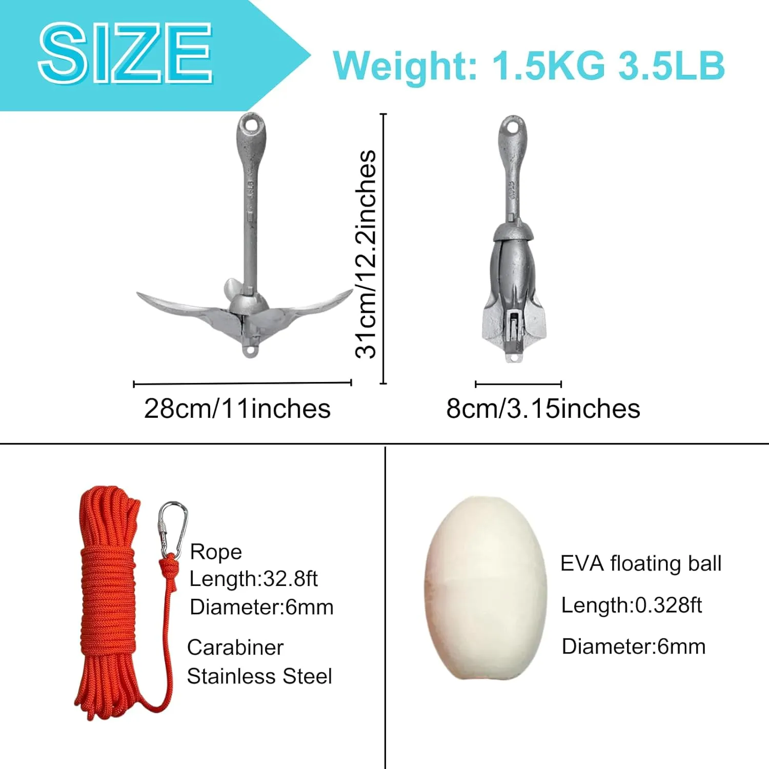 Kayak Anchor Kit 1.5/3.5lb Folding Small Boat Anchor for Paddle Board Canoe Jet Ski PWC Anchor with 32.8 ft Anchor Rope Storage Bag