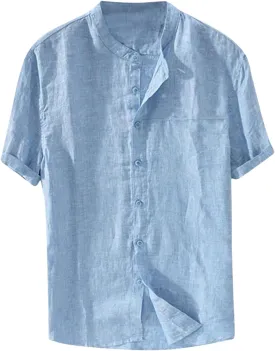 Linen Shirt for Men Collarless Button Down Short Sleeve Shirts Cotton Beach Casual Summer Shirts