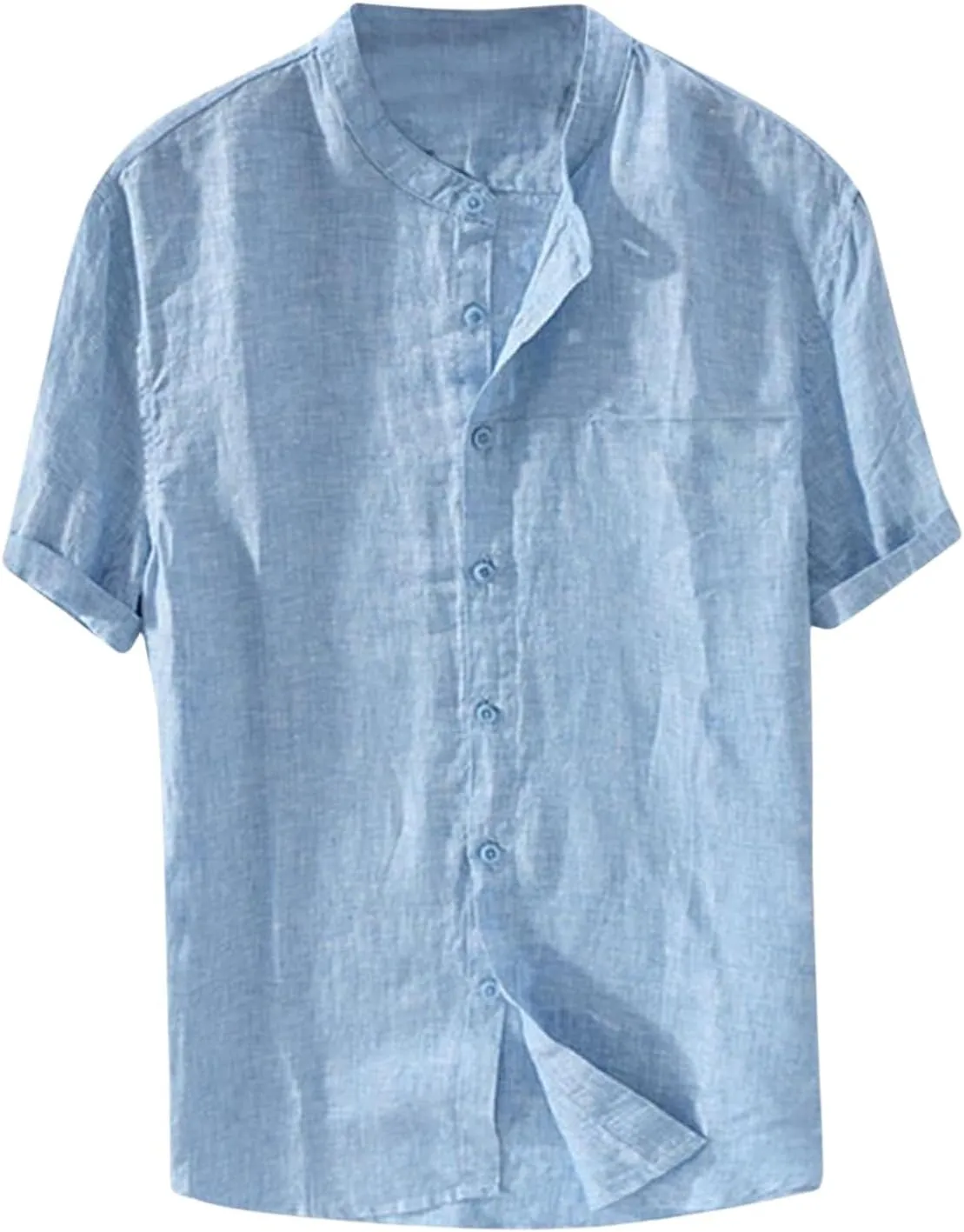 Linen Shirt for Men Collarless Button Down Short Sleeve Shirts Cotton Beach Casual Summer Shirts