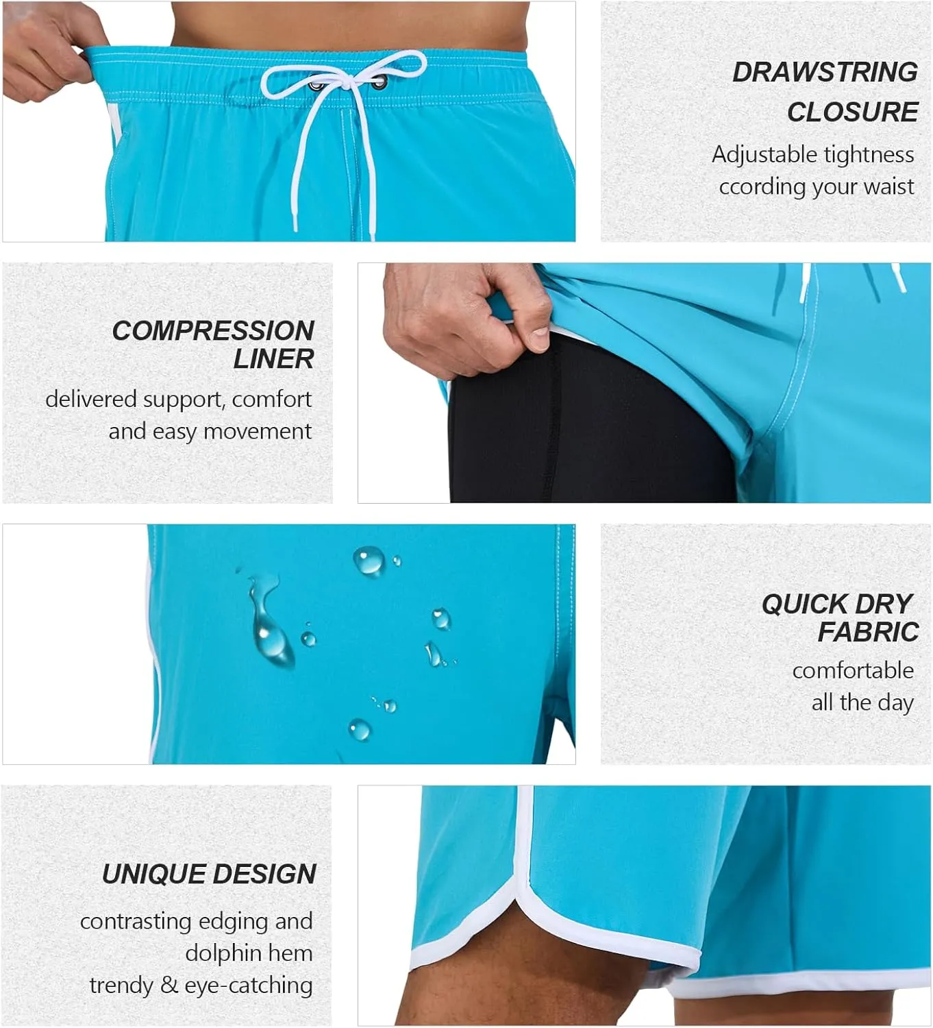 Mens Swim Trunks with Compression Liner 9 Inch Quick Dry Bathing Suit Board Shorts with Zipper Pockets