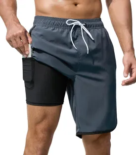 Mens Swim Trunks with Compression Liner 9 Inch Quick Dry Bathing Suit Board Shorts with Zipper Pockets