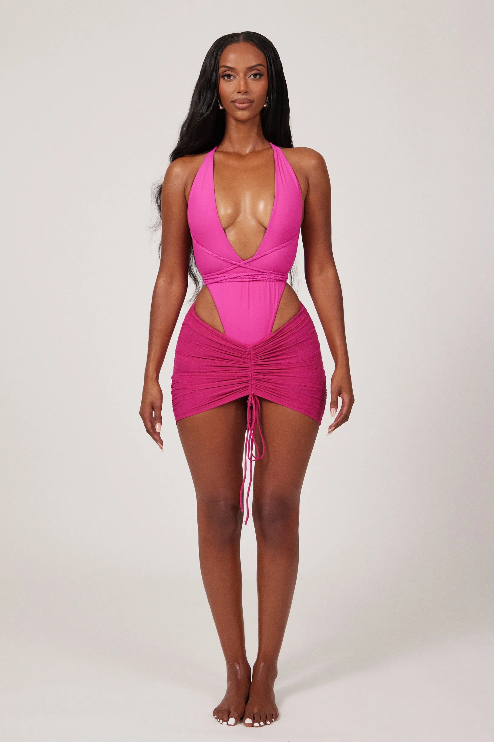 Mesh Ruched Coverup Skirt - Fuchsia