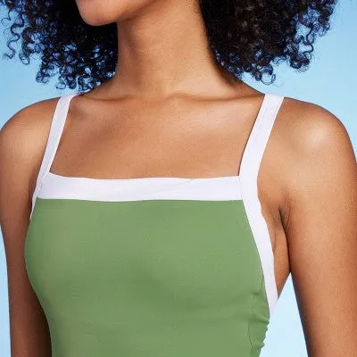 New - Shade & Shore Women's Square Neck One Piece Swimsuit Wide Binding Swimwear