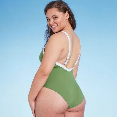 New - Shade & Shore Women's Square Neck One Piece Swimsuit Wide Binding Swimwear