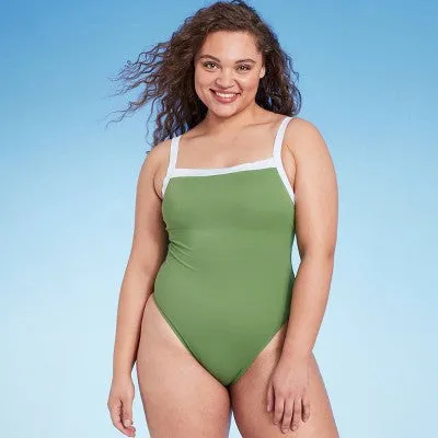 New - Shade & Shore Women's Square Neck One Piece Swimsuit Wide Binding Swimwear