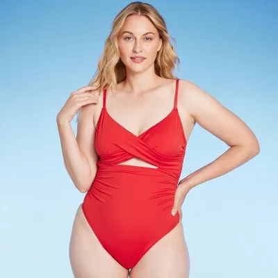 New - Shade & Shore Women's Underwire Extra Cheeky One Piece Swimsuit High Leg Red 36D