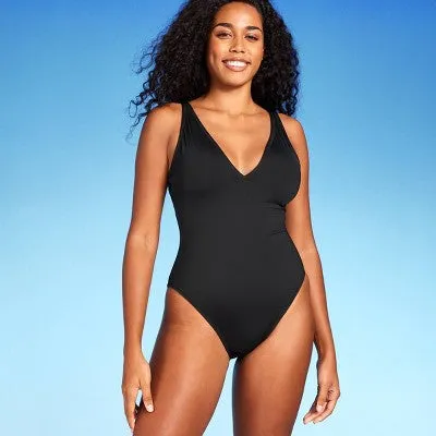 New - Women's Shaping Plunge High Leg One Piece Swimsuit - Shade & Shore Black S