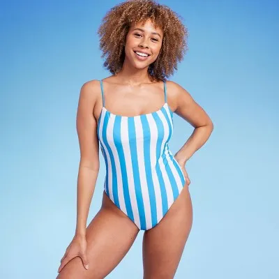 New - Women's Square Neck High Leg Cheeky One Piece Swimsuit - Shade & Shore Blue Striped S