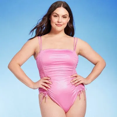 New - Women's Square Neck Shirred Drawstring One Piece Swimsuit - Shade & Shore Pink Shine M
