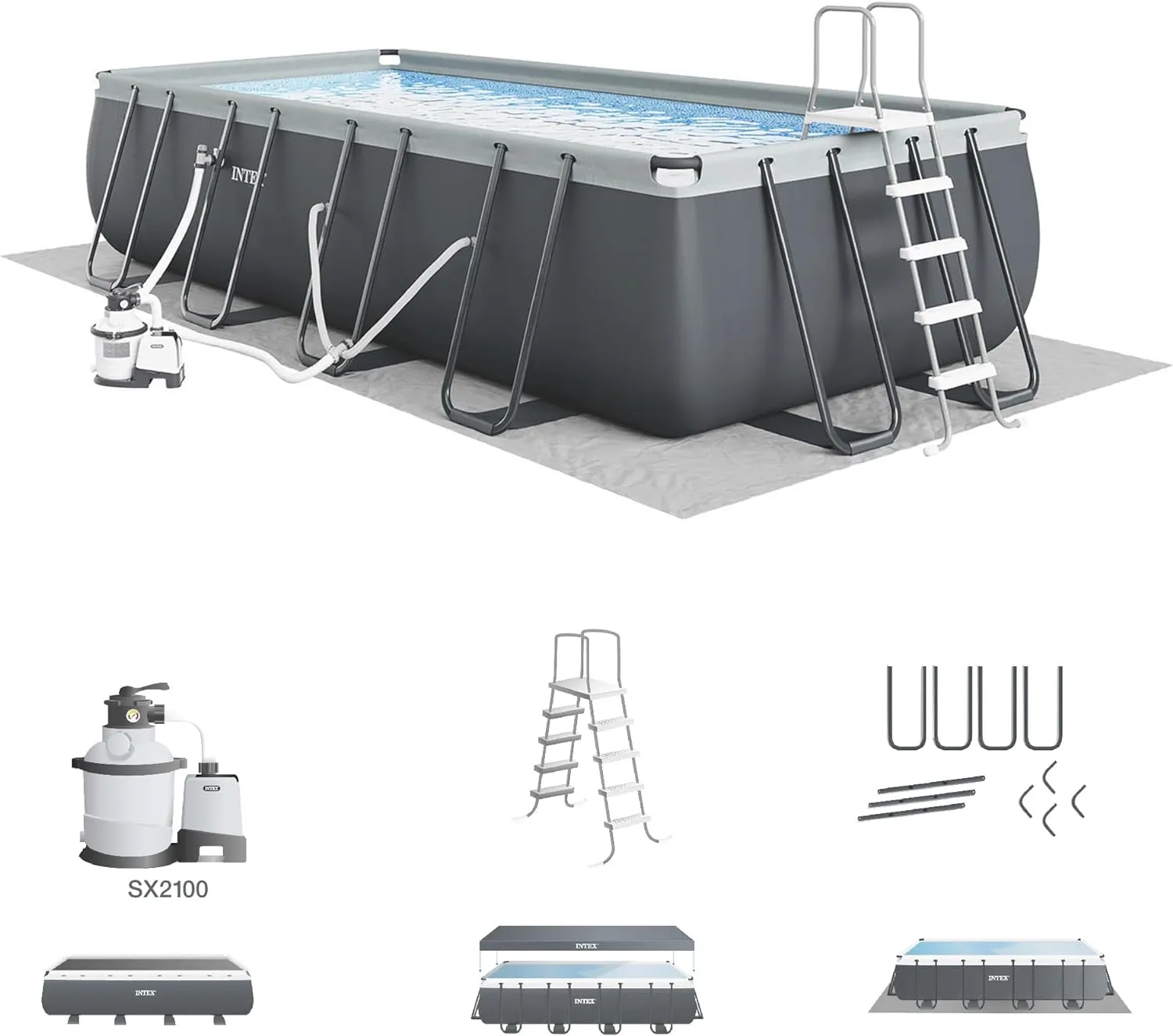 Rectangular Frame Above Ground Outdoor Swimming Pool Set with 1200 GPH Sand Filter Pump, Pool Cover and Ladder 18' x 9' x 52"