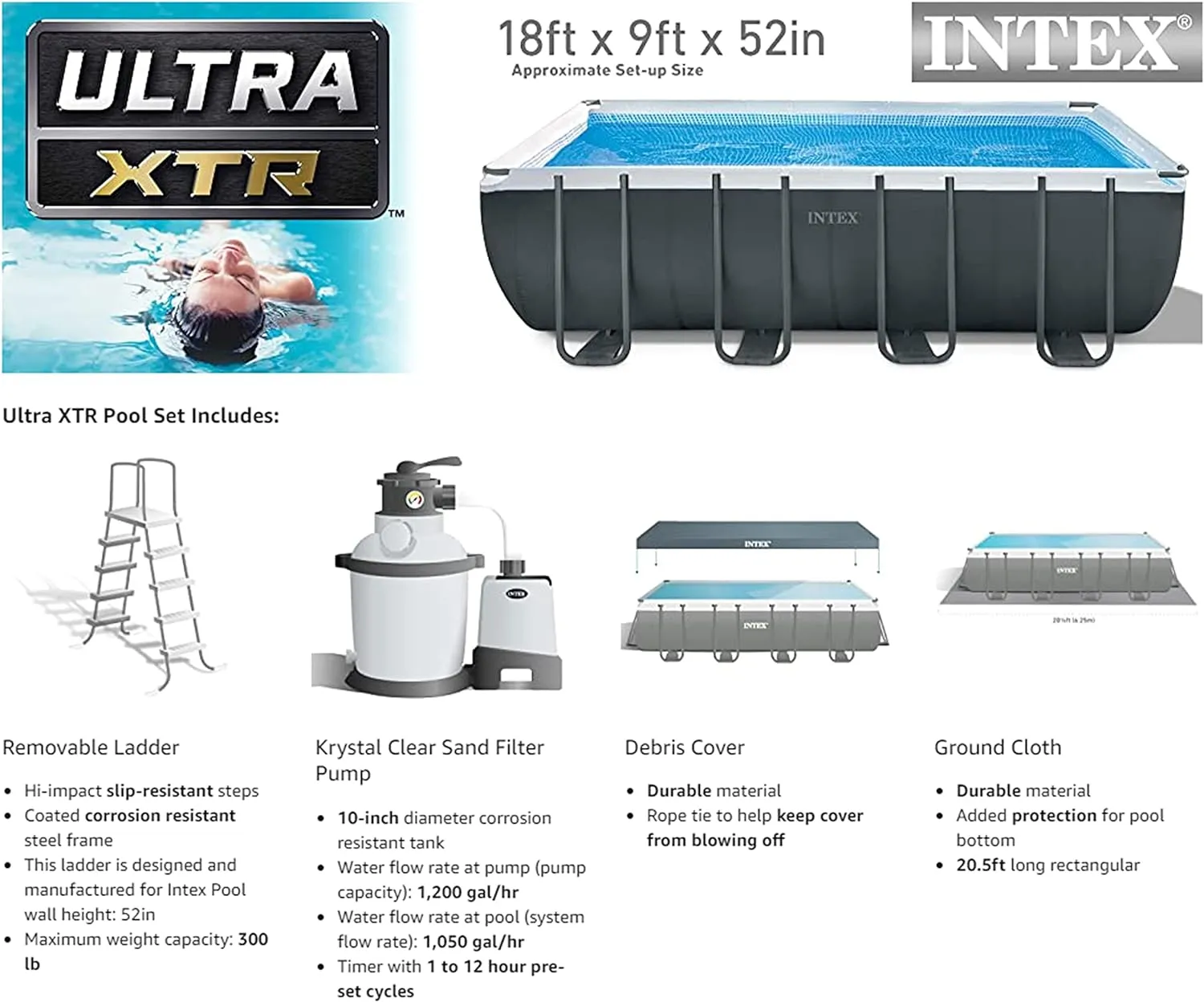 Rectangular Frame Above Ground Outdoor Swimming Pool Set with 1200 GPH Sand Filter Pump, Pool Cover and Ladder 18' x 9' x 52"