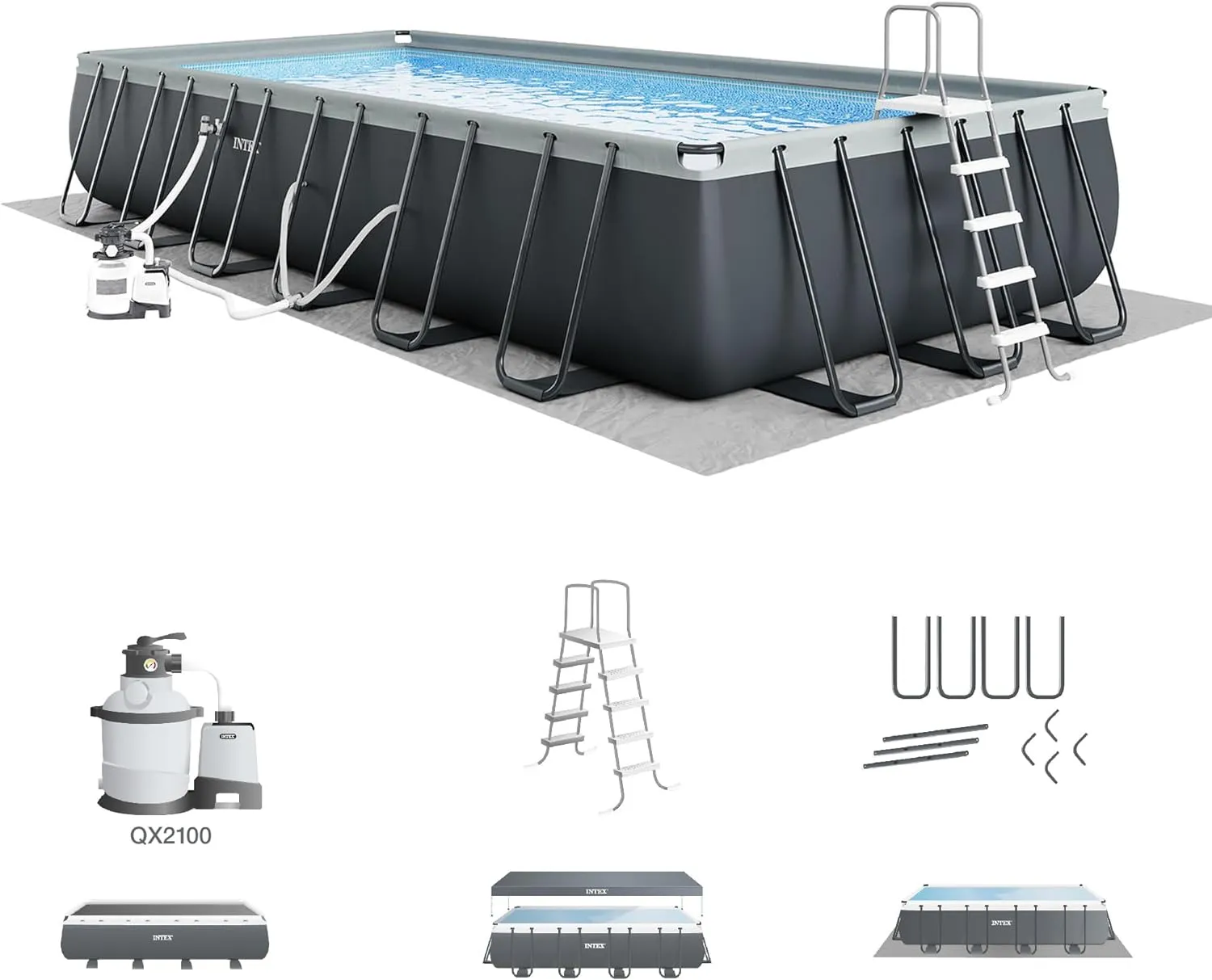 Rectangular Frame Above Ground Outdoor Swimming Pool Set with 1200 GPH Sand Filter Pump, Pool Cover and Ladder 18' x 9' x 52"