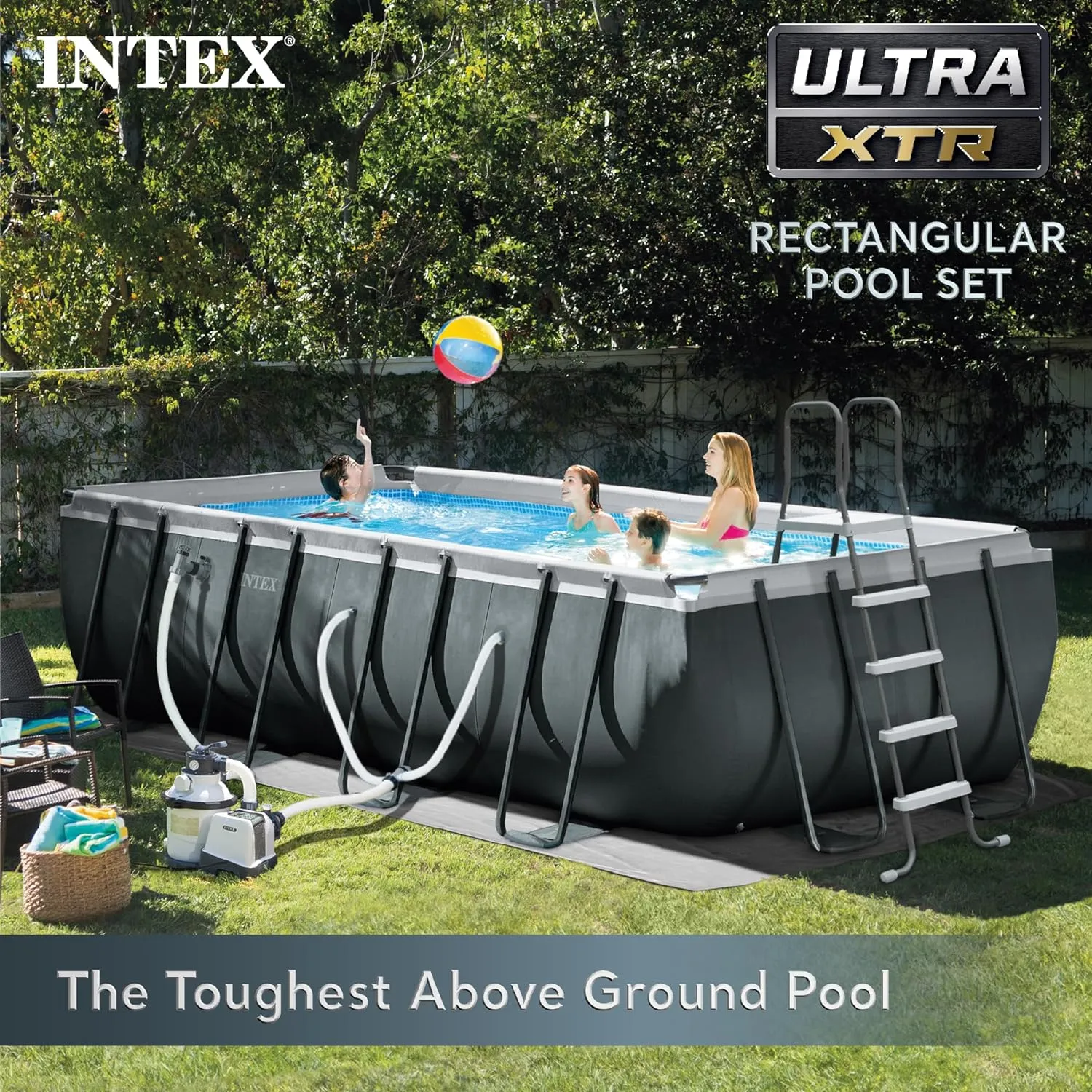 Rectangular Frame Above Ground Outdoor Swimming Pool Set with 1200 GPH Sand Filter Pump, Pool Cover and Ladder 18' x 9' x 52"