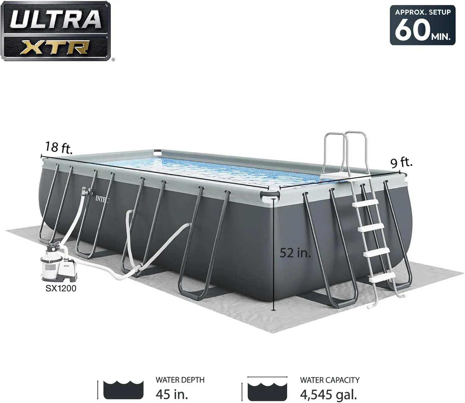 Rectangular Frame Above Ground Outdoor Swimming Pool Set with 1200 GPH Sand Filter Pump, Pool Cover and Ladder 18' x 9' x 52"