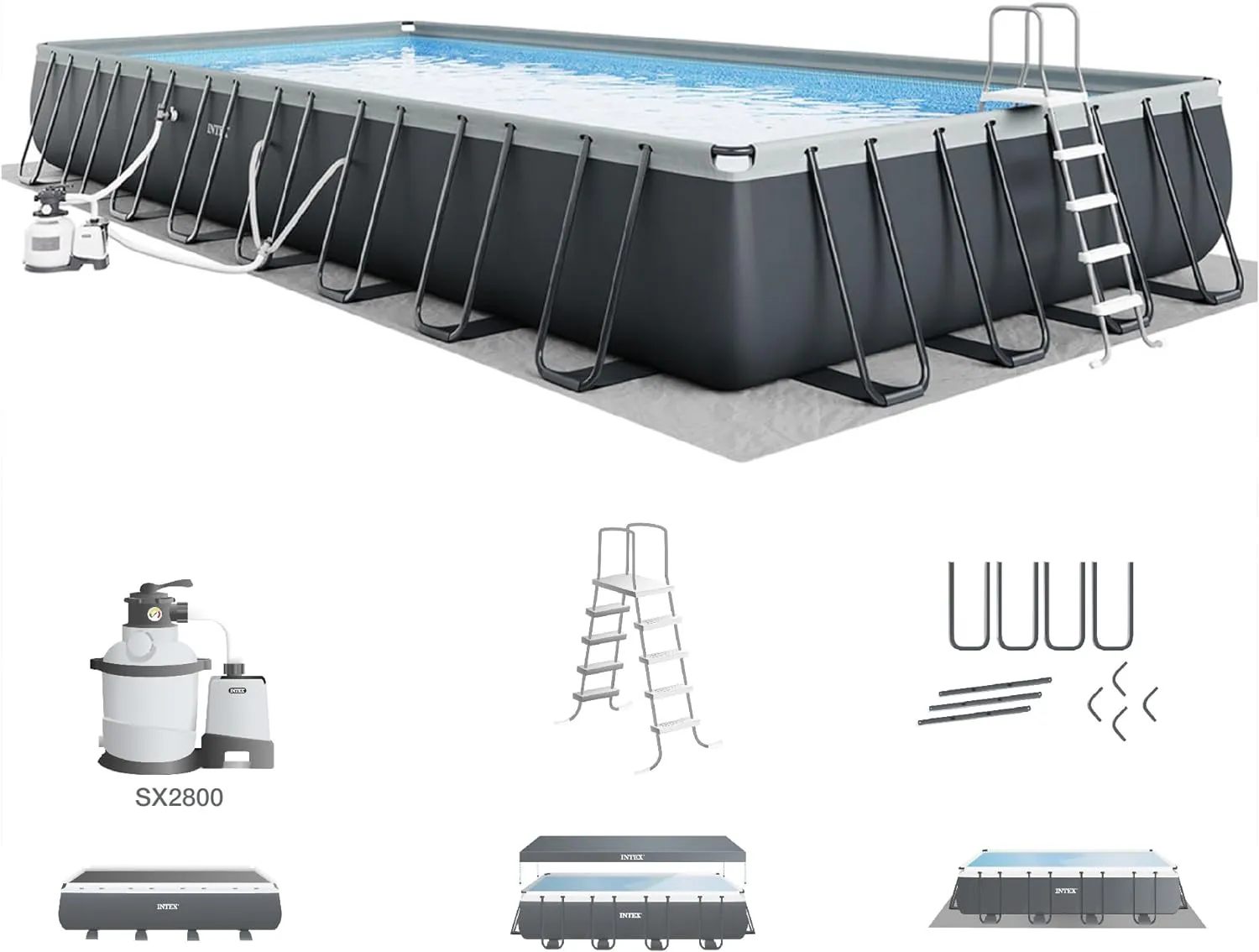 Rectangular Frame Above Ground Outdoor Swimming Pool Set with 1200 GPH Sand Filter Pump, Pool Cover and Ladder 18' x 9' x 52"