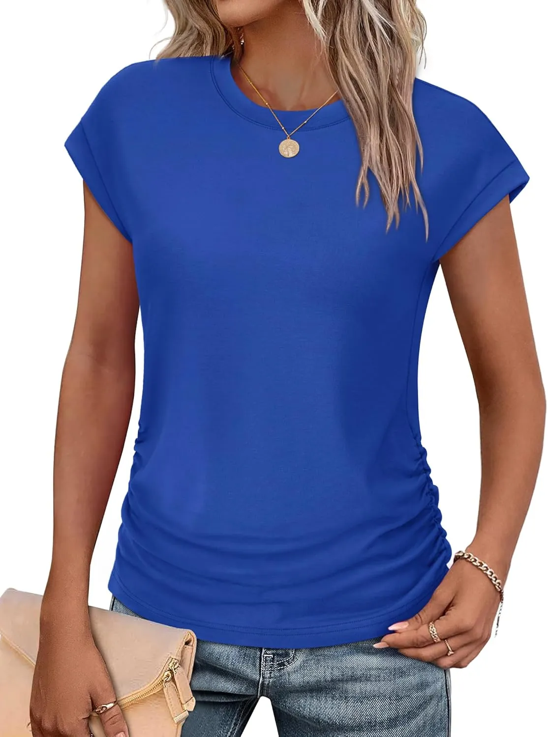 SAMPEEL Womens Summer Tops Trendy 2025 Ruched Cap Short Sleeve Tshirts Shirts Crew Neck T Shirts Fashion