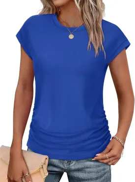 SAMPEEL Womens Summer Tops Trendy 2025 Ruched Cap Short Sleeve Tshirts Shirts Crew Neck T Shirts Fashion