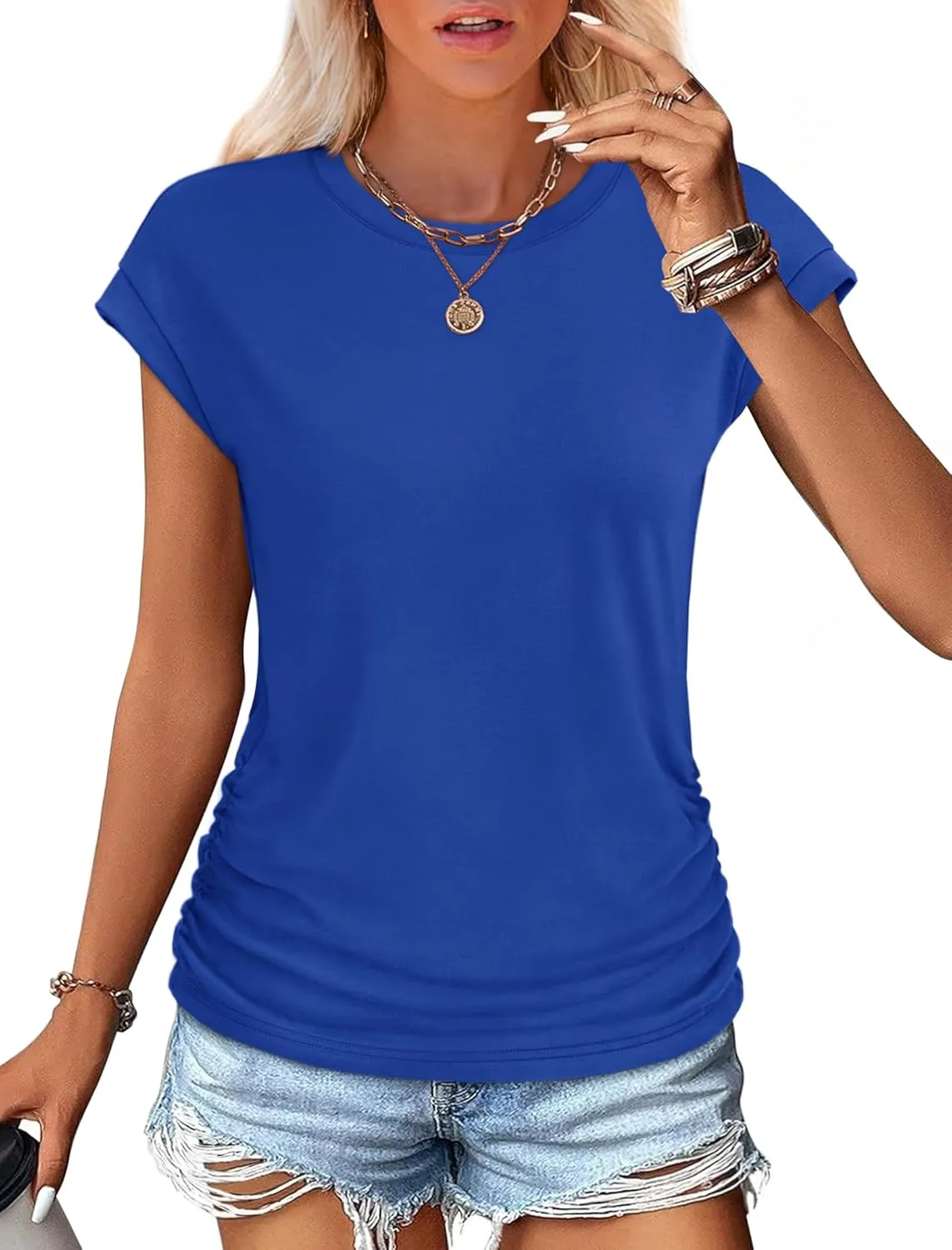 SAMPEEL Womens Summer Tops Trendy 2025 Ruched Cap Short Sleeve Tshirts Shirts Crew Neck T Shirts Fashion