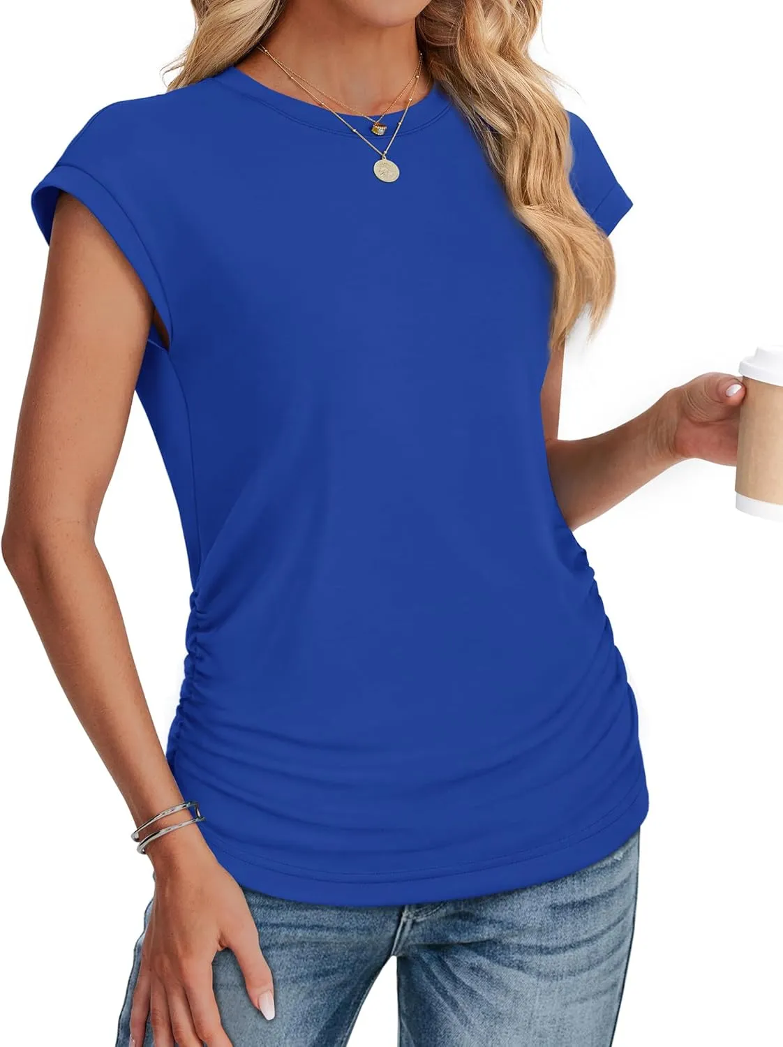 SAMPEEL Womens Summer Tops Trendy 2025 Ruched Cap Short Sleeve Tshirts Shirts Crew Neck T Shirts Fashion