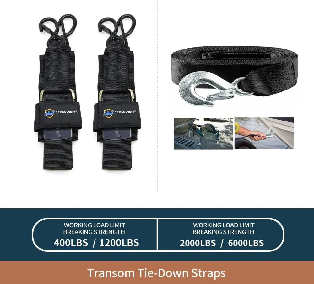 Seamander Boat Tie Down Straps to Trailer- Marine Grade Adjustable Boat Trailer Straps for Boat, Jet Ski, & More(Safety Clips/Winch Strap 2inch*48inch)