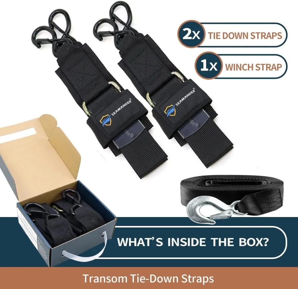 Seamander Boat Tie Down Straps to Trailer- Marine Grade Adjustable Boat Trailer Straps for Boat, Jet Ski, & More(Safety Clips/Winch Strap 2inch*48inch)