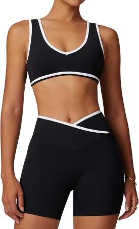 Two Piece Workout Sets for Women Color Block Sports Bra and Scrunch Butt Lifting Shorts Gym Yoga Active Wear Outfits