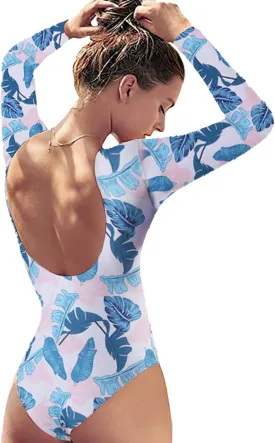 Women's Long Sleeve Bathing Suit One Piece Swimsuit Floral Print Backless Swimwear