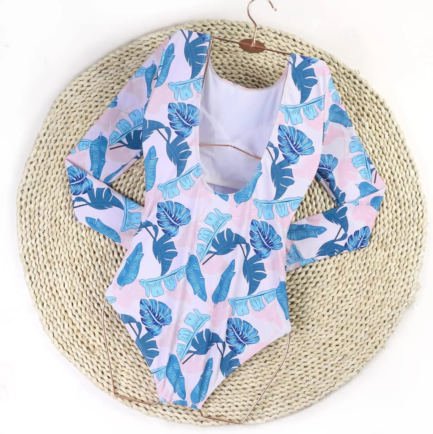 Women's Long Sleeve Bathing Suit One Piece Swimsuit Floral Print Backless Swimwear