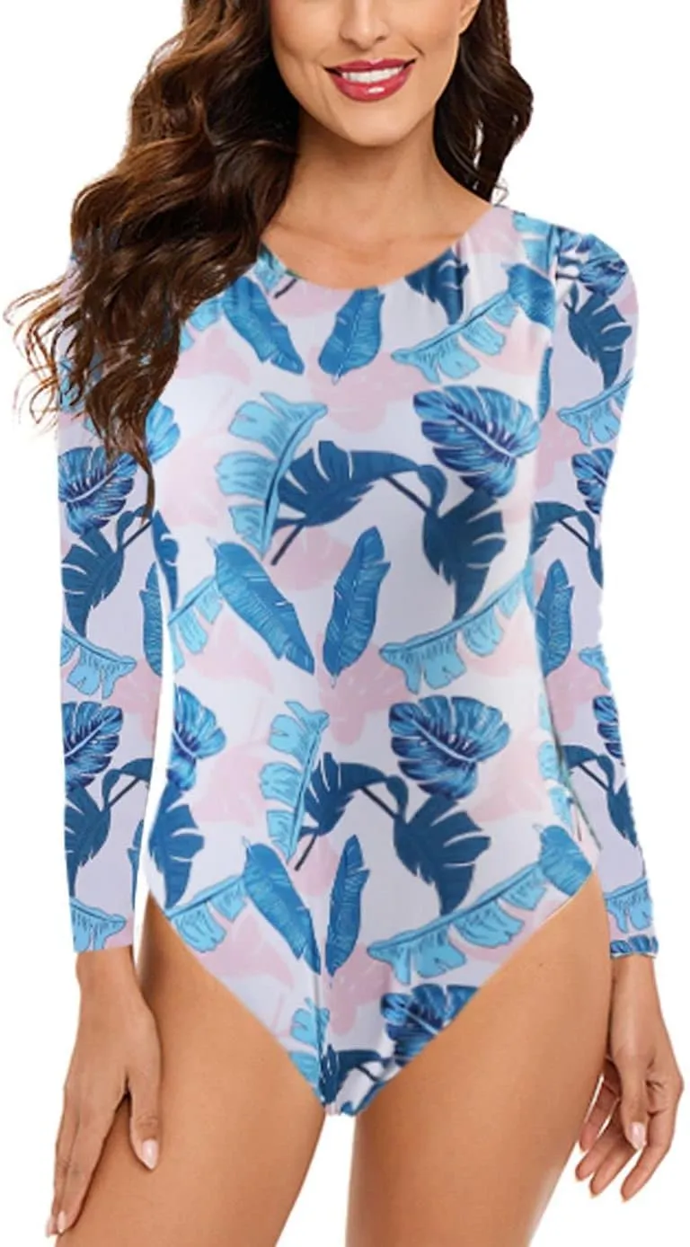 Women's Long Sleeve Bathing Suit One Piece Swimsuit Floral Print Backless Swimwear